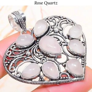 Rose Quartz Gemstone Handmade Filigree Heart Pendant